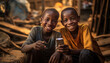 two african boys in the slums taking a selfie.laughing