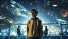 Young Middle Eastern Boy Explores Space Science Exhibition On A School Trip Generative Ai