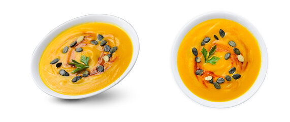 Wall Mural - Pumpkin Soup, Tasty Homemade Pumpkin, Sweet Potato or Carrot Soup in a Bowl on White Background