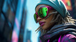 Portrait of a woman wearing sunglasses, woman wearing bejeweled balaclava mask, round sunglasses in ninja suit with skyscrapers city in the background, futuristic concept