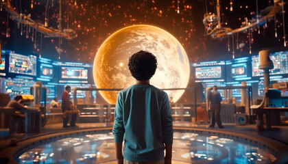 young middle eastern boy explores space science exhibition on a school trip generative ai.