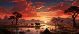 Fototapeta  - Sunset over savanna with herd of wild animals walking