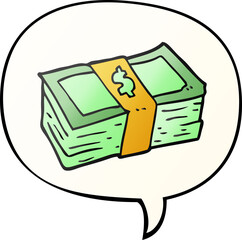 cartoon stack of cash with speech bubble in smooth gradient style