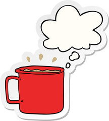 Wall Mural - cartoon camping cup of coffee with thought bubble as a printed sticker