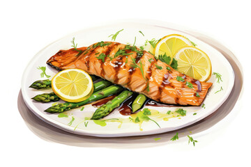 Wall Mural - Fried plate lunch steak meal background salmon fish fillet cooked healthy grill dinner food