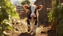 Walking Cute Calf In Farm