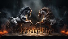 Horse Chess Match On A Chessboard With Black Background