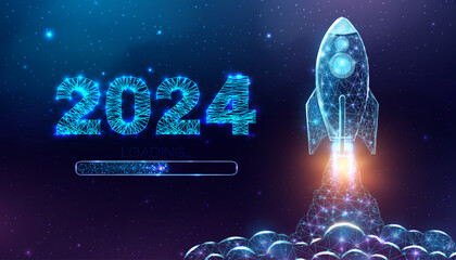 Wall Mural - rocket launch, wireframe polygonal style. 2024 loading start concept with glowing low poly rocket. f