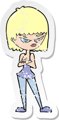 retro distressed sticker of a cartoon angry woman