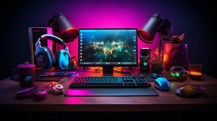 Poster - wide banner background image with gamer console workplace table with Pc computer screen and accessories in neon light effects, 