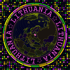 Poster - Futuristic Lithuania on globe. Bright neon satelite view of the world centered to Lithuania. Geographical illustration with shape of country and geometric background. Attractive vector illustration.