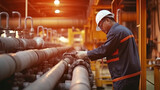 Fototapeta  - Male worker inspects steel pipes in oil refinery
