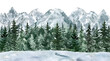 Nature scene, mountains, and pine forest in winter, watercolor illustration. Conifer trees and hills landscape hand-painted graphic.