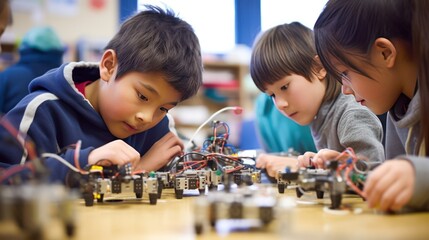 Children engaging in a robotics class at school