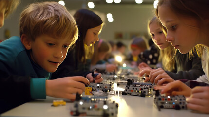 Poster - Kids focused on building robots in a school activity