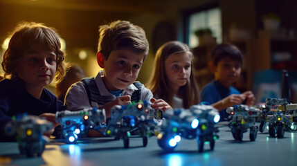 Poster - Kids engrossed in robot assembly with glowing LEDs