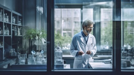 Poster - Scientist reviewing notes in bright lab setting
