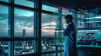 Poster - Scientist contemplating at dusk in city lab