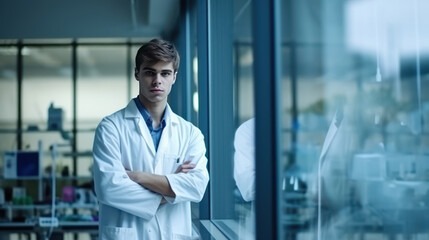 Poster - Young researcher with arms crossed in a lab