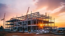 Construction Site Of Large Residential Commercial Building, Some Floors Already Built. Metal Structure With Evening Sky Background