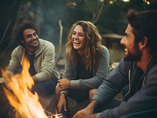 Wall Mural - People laughing and talking around a campfire with friends. generative AI