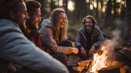 Wall Mural - People laughing and talking around a campfire with friends. generative AI