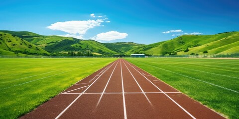 Wall Mural - Miles of running track with green hills in background