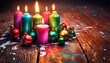 Kerzen mit heller Flamme mit weihnachtlicher Dekoration in Nahaufnahme auf einen alten Holzboden vor weihnachtlicher Beleuchtung im Hintergrund und weichen Licht