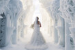 A unique wedding ceremony in an ice hotel - featuring a bride in a stunning gown against an icy backdrop - symbolizing romantic love in a breathtaking winter wonderland setting.