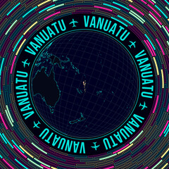 Poster - Vanuatu on globe. Satellite view of the world centered on Vanuatu. Bright neon style. Futuristic radial bricks background. Creative vector illustration.