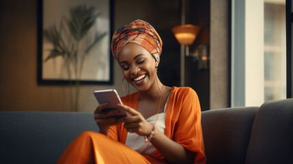 Wall Mural - Woman is joyfully laughing while holding a phone, dressed in a traditional clothes