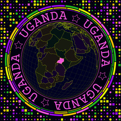 Poster - Futuristic Uganda on globe. Bright neon satellite view of the world centered on Uganda. Geographical illustration with shape of country and geometric background. Modern vector illustration.