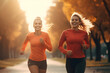Zwei junge Frauen joggen in Sportkleidung, Fitness und Bewegung, erstellt mit generativer KI