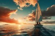 sailing boat in the sea at sunset. White sailboat in blue sea at bright sunny summer evening