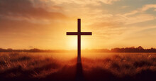 Christian Cross On Field Outdoors At Sunrise. Resurrection Of Jesus