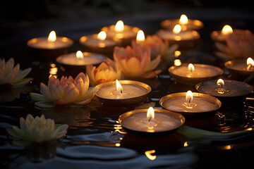 Poster - Candles gently floating on water in a bowl - part of a serene water ceremony - with flickering reflections creating a tranquil ambiance of floating lights.