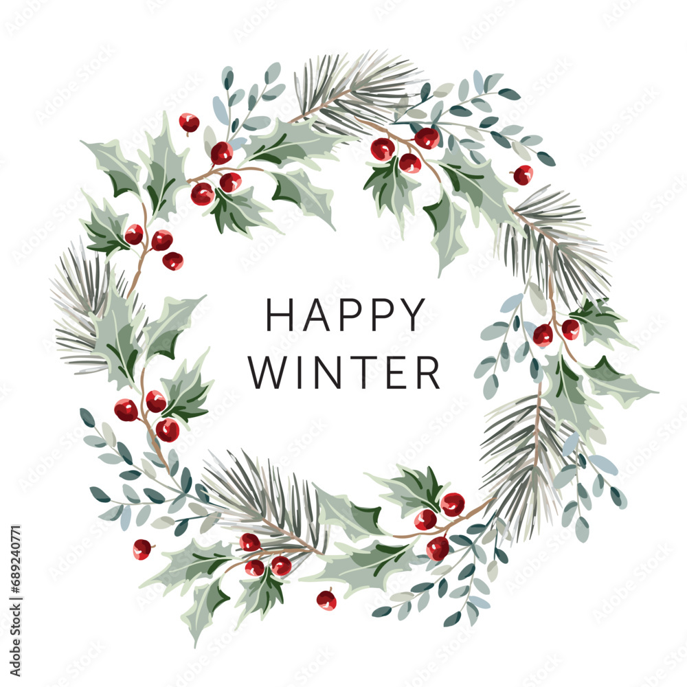Christmas wreath with text Happy Winter, white background. Green pine ...