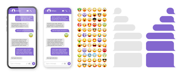 Smartphone messaging app, user interface design with emoji. SMS text frame. Chat screen with violet message bubbles. Texting app for communication. Social media application. Vector illustration