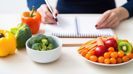 Wall Mural - Person writing in a notebook surrounded by a variety of colorful fruits and vegetables, planning healthy diet.