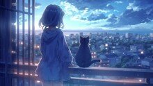 Anime-style Girl Standing On The Balcony With Her Cat And Looking At The City And Clouds At Moon Night