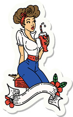 Wall Mural - sticker of tattoo in traditional style of a pinup girl drinking a milkshake with banner