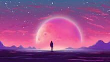 A Man Standing In The Center Of The Desert And Looking At The Moon , Synthwave-style Background With Neon Lights, Big City Rainy Night, Planets Space Background 4K