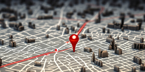 Poster - Conceptual 3D City Map with Red Location Pin Marker Highlighting Destination on a Detailed Grey Urban Street Grid Background for Navigation
