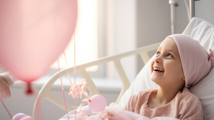 A little girl with cancer in a hospital room with balloons.