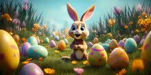 A Happy Smiling Easter Bunny And Colorful Easter Eggs