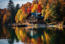 A Lakeside Chalet During Autumn - Surrounded By Colorful Foliage With Reflections In The Water - Offering A Tranquil Retreat Amidst Natural Beauty And Serene Lake Views.