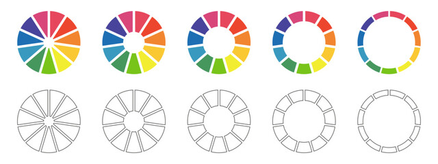 Canvas Print - Set of donut charts, pies segmented on 11 equal parts. Diagrams infographic multicolored collection. Wheels divided in eleven sections. Circle section graph. Pie chart round icon. Loading bar. Vector.