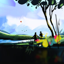 Village Digital Painting, Landscape And Illustration, Couple Love, Alone Man Under Tree, House, Boat And River, Digital Illustration With Bangla Typography.