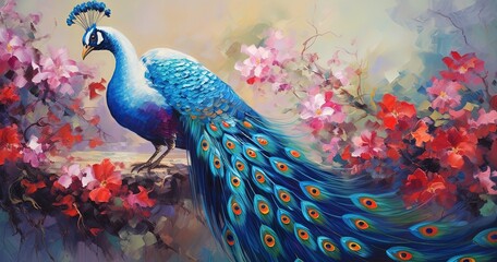 Wall Mural - painting style illustration, beautiful peacock in cherry blossom flower garden, Generative Ai