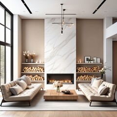  Cozy, luxurious and empty modern living room with two beige textile sofas on the hairy carpet